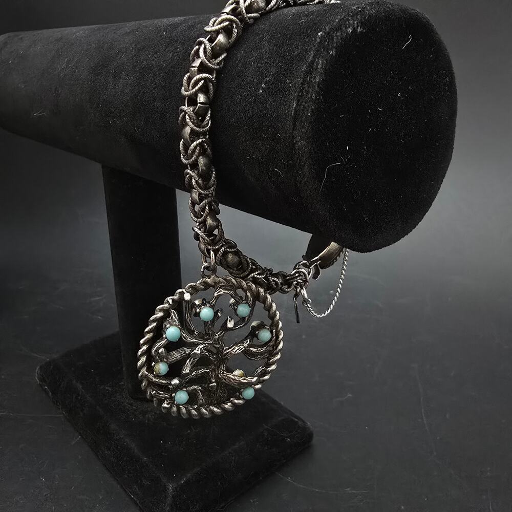 LEC Signed Tree Of Life Charm Bracelet Dark Silver Tone Chain Jewelry Boucher
